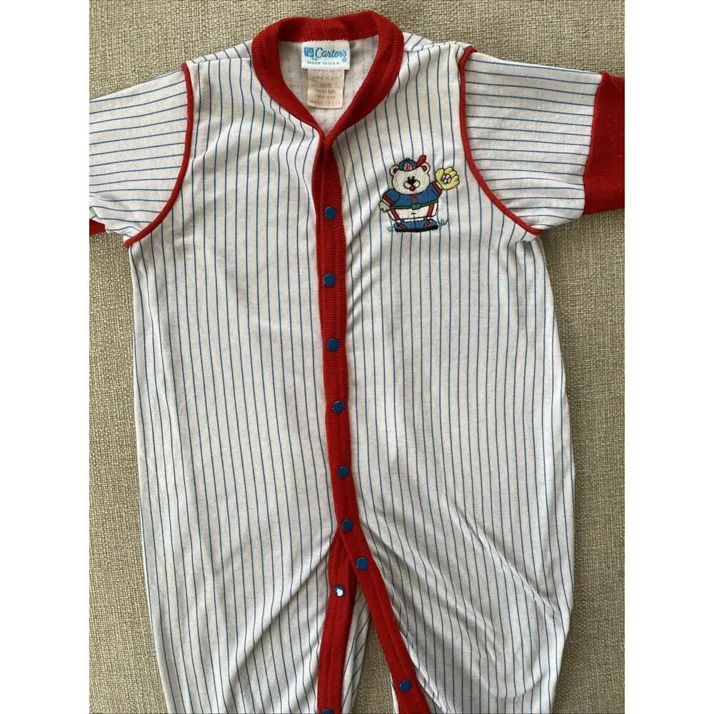 Vintage Carters 9mths Baseball Bear Striped One Pieces Outfit L USA 18/23 lbs